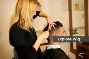 Female hairdresser cutting hair of smiling man client at beauty parlour